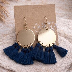Boho Gold Disc Tassel Earrings - Navy Blue